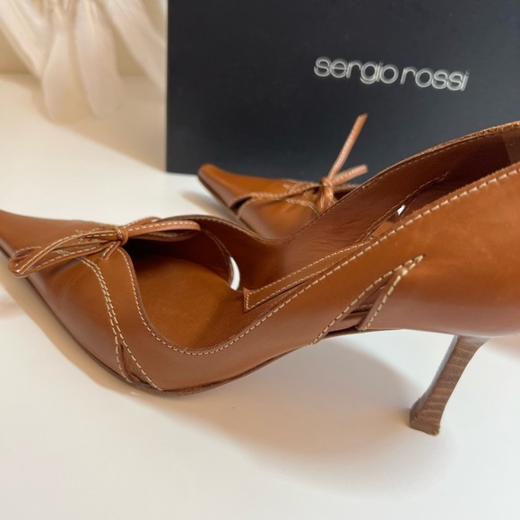 Sergio Rossi Tan Leather Pointed Toe High Wooden Stiletto Heels - Picture 2 of 15